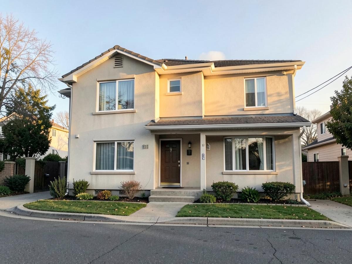 Two-story stucco home on a quiet residential street